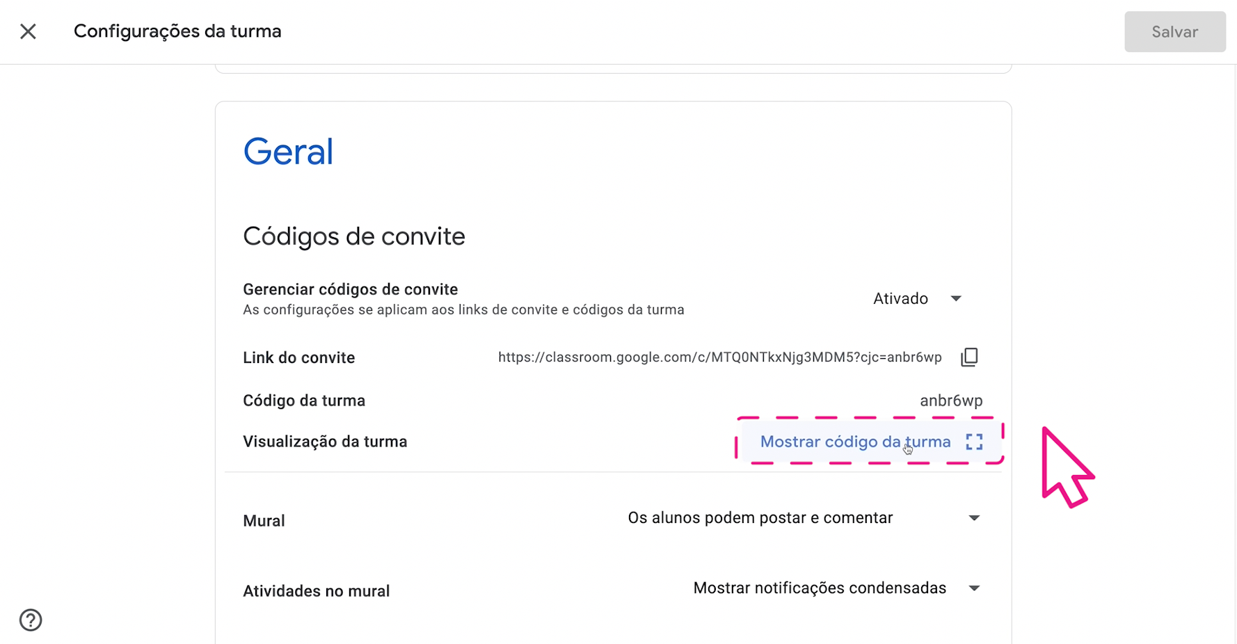 como configurar o código do convite do Google Sala de Aula3